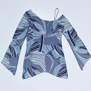 Vintage Zoey Beth Blue Swirl Print Bell Sleeve Dress Women's Medium Y2K 90's